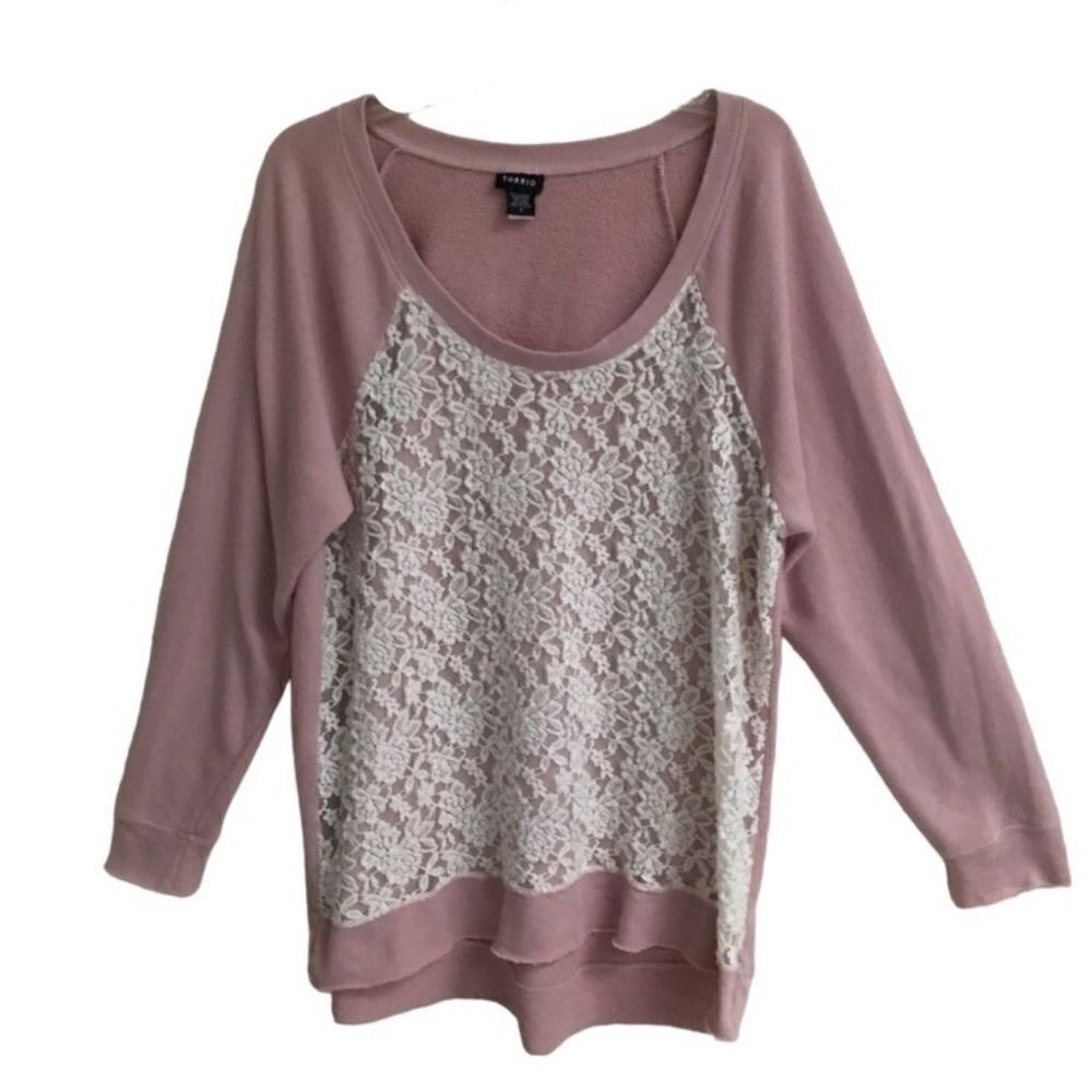Torrid‎ pink lace front distressed raw hem sweatshirt 2X